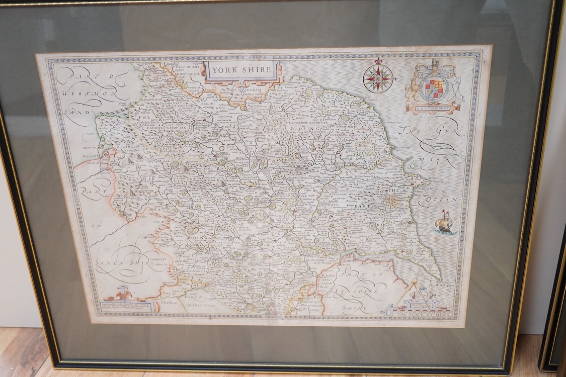 After John Speed (1552-1629), Antique hand coloured engraved map of Yorkshire, sold by Thomas Bassett in Fleet Street and Richard Chiswell in St. Paul's Churchyard, together with a similar example after Jan Jansson, and
